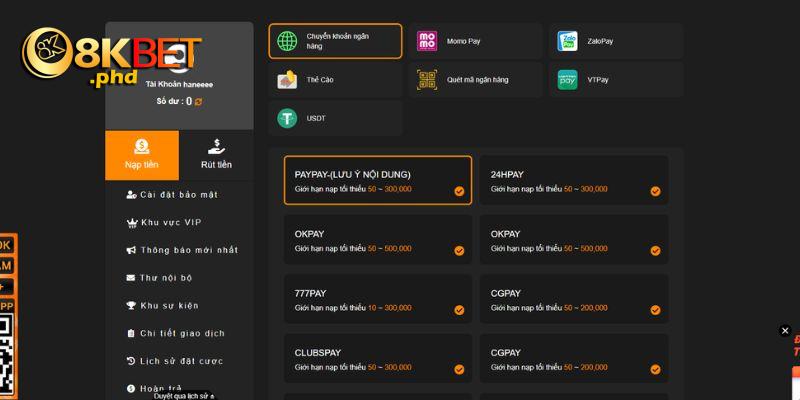Hướng dẫn nạp tiền 8kbet đơn giản và dễ thao tác